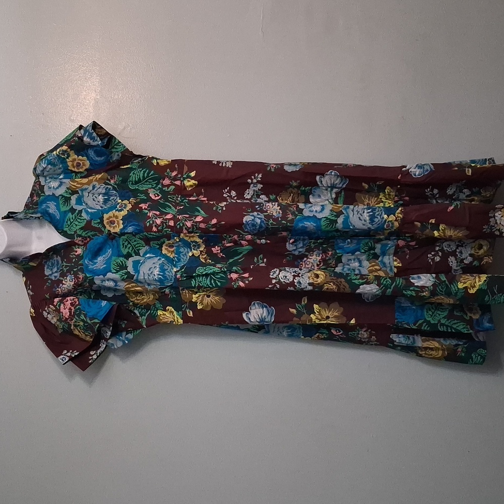 Tuckernuck Brown Floral Midi Dress with Blue and Yellow Blooms